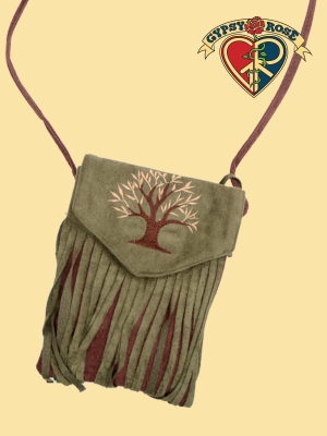 Vegan Chic Pseudo Suede Fringe Sacred Tree 2 Pocket Super Wide Mouth Bag