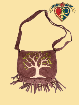 Vegan Chic Pseudo Suede Fringe Sacred Tree Embroidered Bag