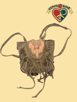 Vegan Chic Pseudo Suede Fringe Hand Embroidered Dreamcatcher Utility Backpack