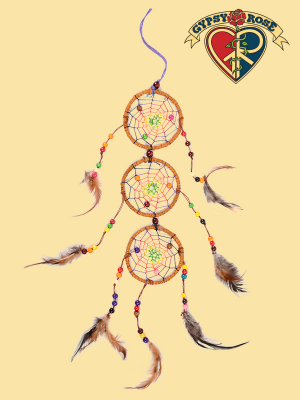 Technicolor Dreams Beaded Hemp & Feather 3-Tier Dreamcatcher