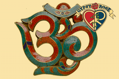 Blissful State Of Om Hand Carved with  Turquoise, Jade & Lapis Mosaic Inlay & Brass Scrollwork Wall Hanging