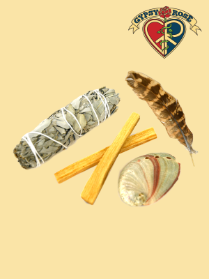 Sage Smudge Kit: 2 Palo Santo Sticks, Turkey Feather, Abalone Shell, 4 Inch White Sage