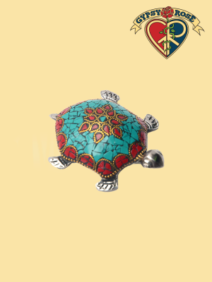 Turquoise and Coral Inlay Turtle Metal Incense Burner