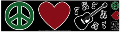 PEACE, LOVE, MUSIC SYMBOLS BUMPER STICKER