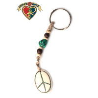 Oval Peace Gemstone Inlay Hand Carved Bone Pendant On Hemp Keychain