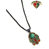 Hamsa Hand Gemstone Inlay And Metal Pendant On Braided Cord Necklace