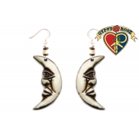 CRESCENT MOON FACE CARVED BONE EARRING