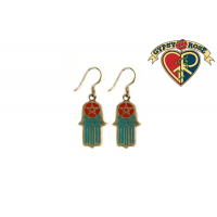 Hamsa Hand with 5 Point Star Crushed Stone Inlay Metal Earrings