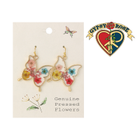 Gold Tone Butterfly with Dried Flowers Earring