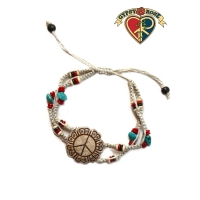 Flower Child Hand Carved Bone Peace Flower Pendant On Adjustable Hemp Bracelet