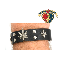Black Leather With Pop Button And Silver Pot Leaf Bracelet