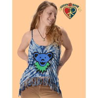 Grateful Dead Bear Face Tye Dye Viscose Fringe String Top