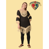 3/4 Sleeve Cotton Poly Blend Crochet Mandala Fringe Blouse