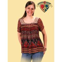 Free Spirit Rayon Crepe Indian Print Short Sleeve Blouse