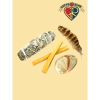 Sage Smudge Kit: 2 Palo Santo Sticks, Turkey Feather, Abalone Shell, 4 Inch White Sage
